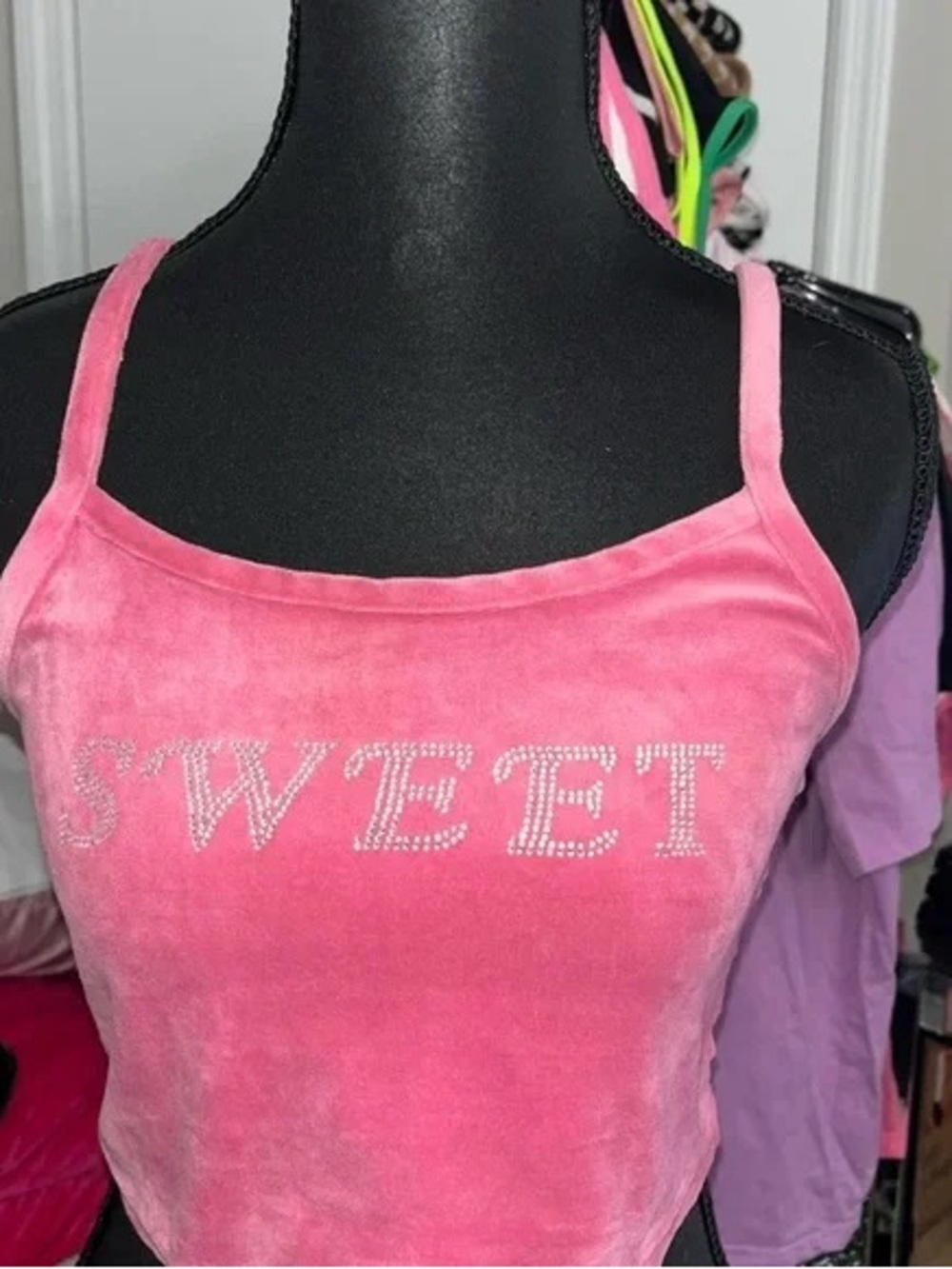 Pink Velvet 'SWEET' Rhinestone Crop Tank Top - Women